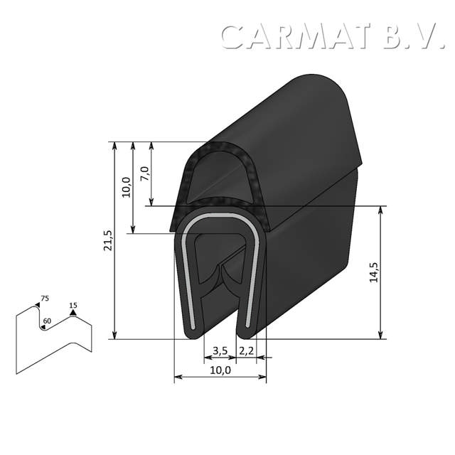 Kantprofiel PVC/rubber  1-4 MM kraal boven afname per/50M