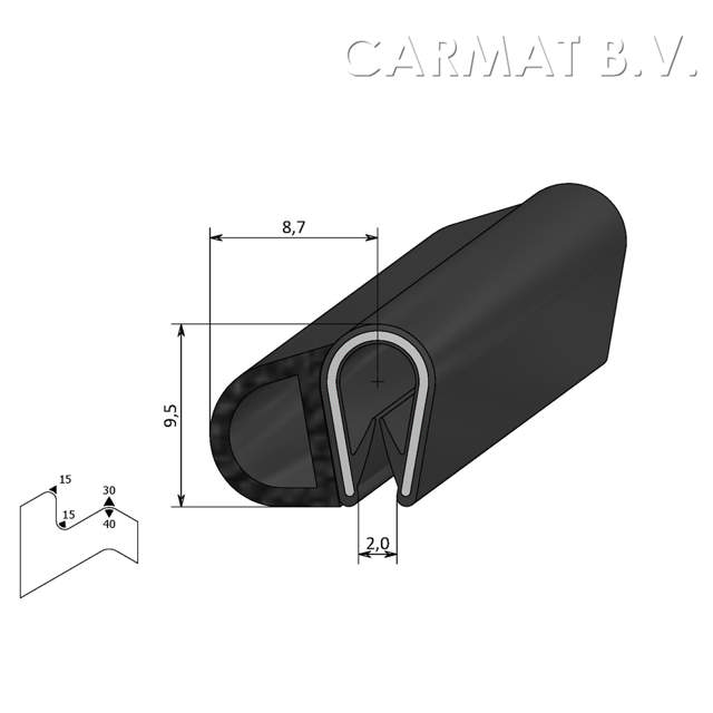 Klemprofiel PVC/rubber 1-2 MM kraal zij afname per/20M