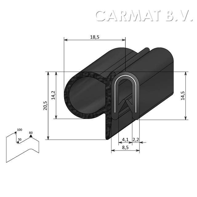 Kantprofiel PVC/rubber 1-4 MM kraal zij afname per/50M