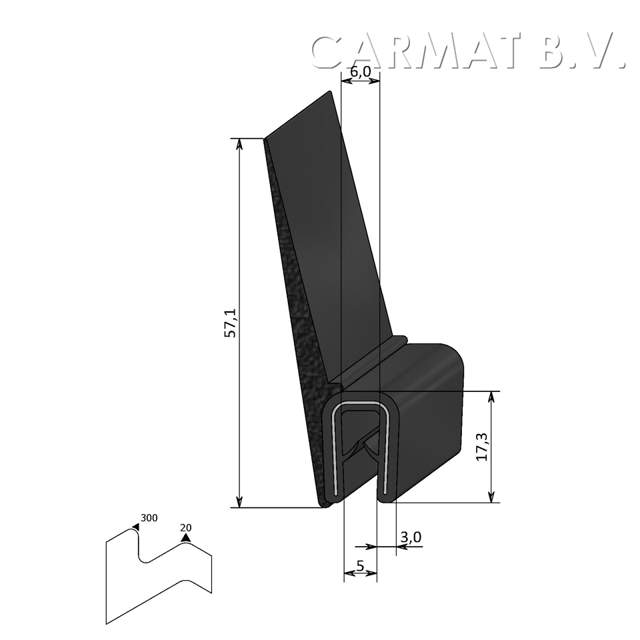 Kantprofiel PVC/rubber 2-4 MM flap boven afname per/25M