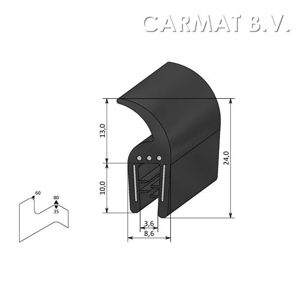 Kantprofiel EPDM 1-3 MM flap boven afname per/50M