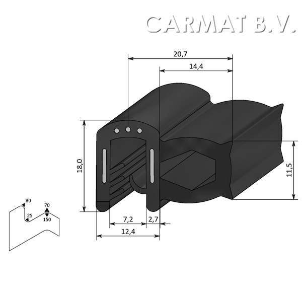 Kantprofiel EPDM 3-5 MM kraal zij afname per/50M