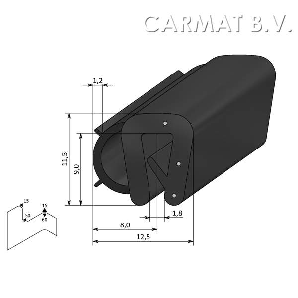 Kantprofiel EPDM 1-2 MM kraal zij afname per/2x50M