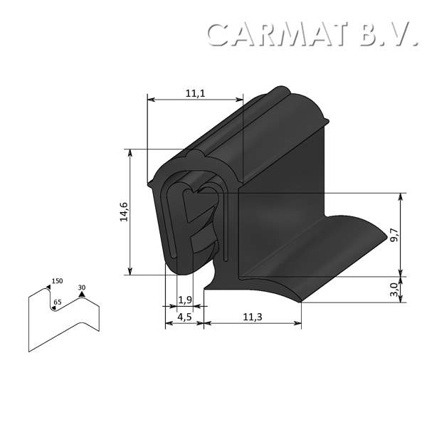 Kantprofiel EPDM 1-2,5 MM flap zij op bestelling per/1000M